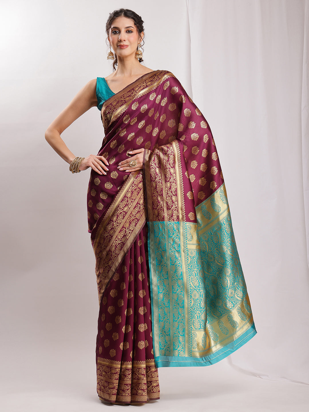 Janasya Purple Silk Blend Floral Jacquard Saree
