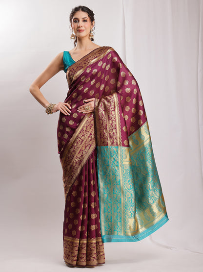 Janasya Purple Silk Blend Floral Jacquard Saree - Distacart
