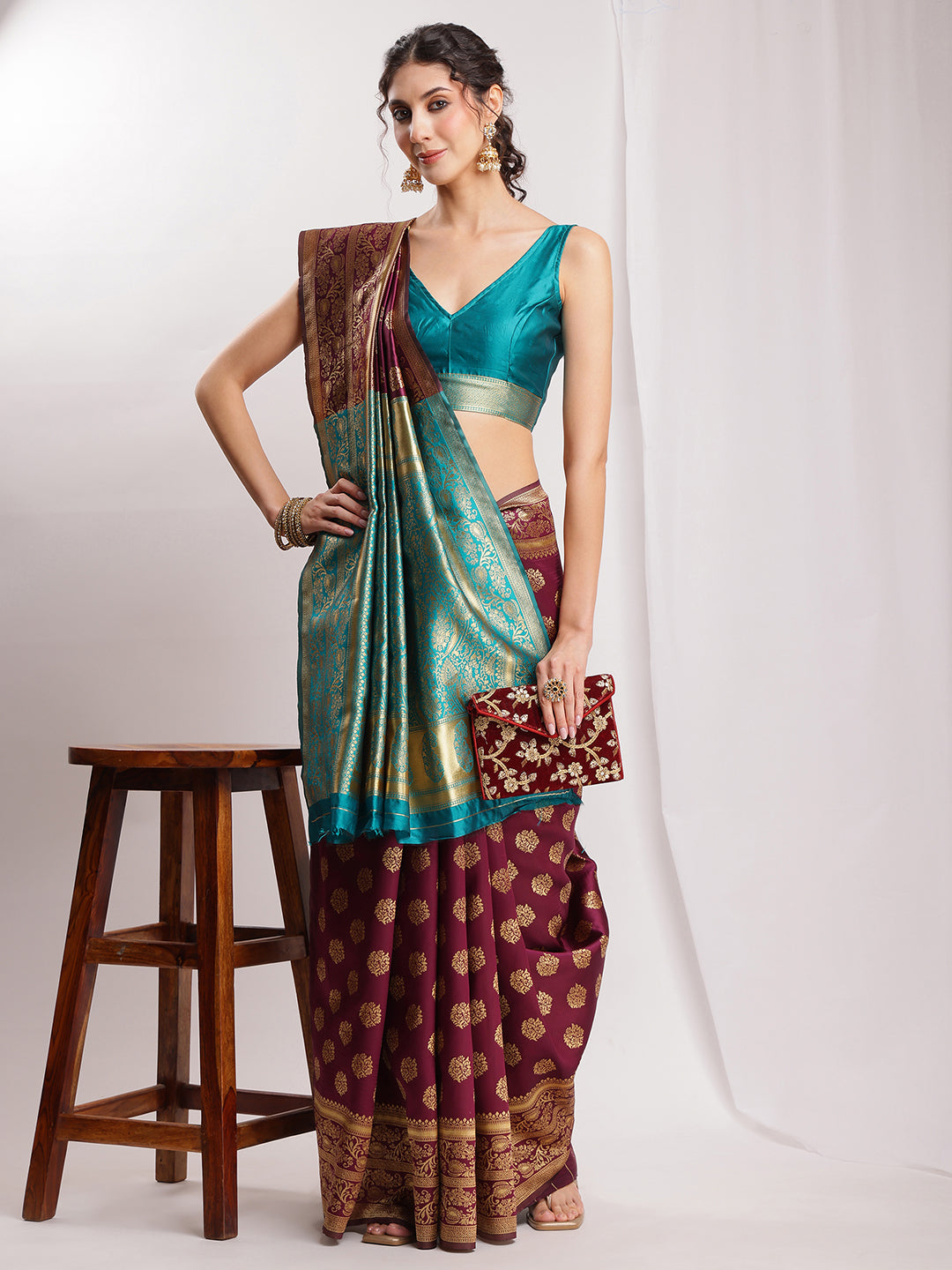 Janasya Purple Silk Blend Floral Jacquard Saree