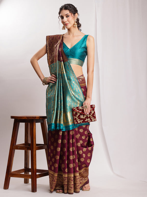 Janasya Purple Silk Blend Floral Jacquard Saree