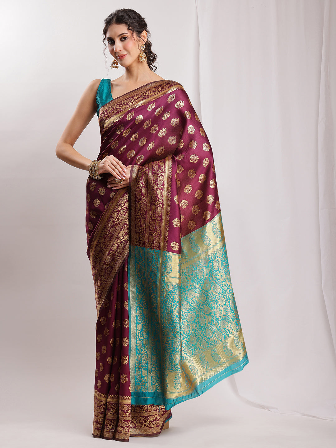 Janasya Purple Silk Blend Floral Jacquard Saree