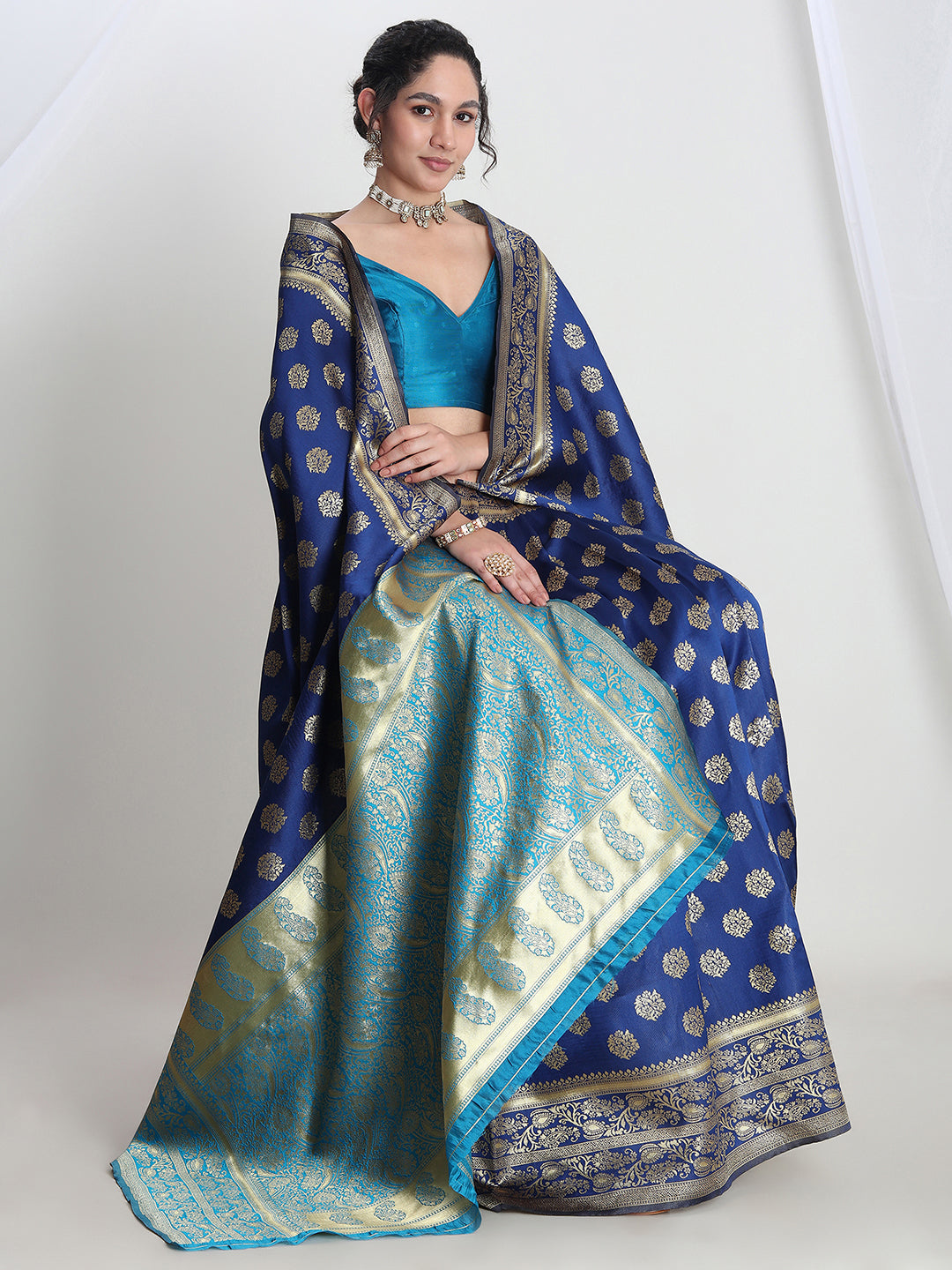 Janasya Blue Silk Blend Floral Jacquard Saree