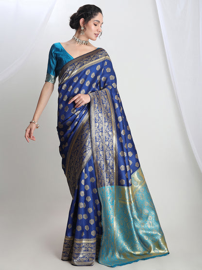 Janasya Blue Silk Blend Floral Jacquard Saree - Distacart