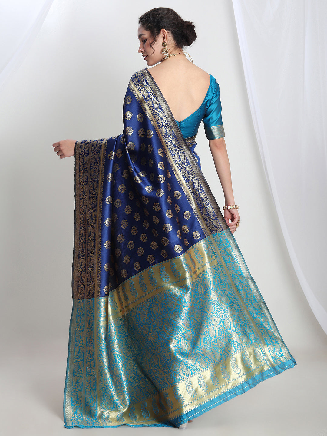 Janasya Blue Silk Blend Floral Jacquard Saree