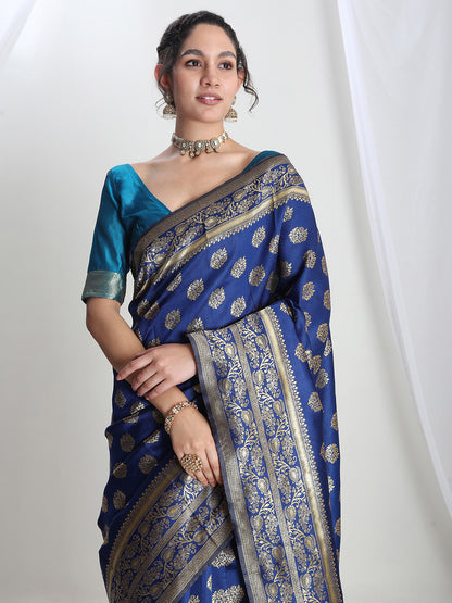 Janasya Blue Silk Blend Floral Jacquard Saree - Distacart