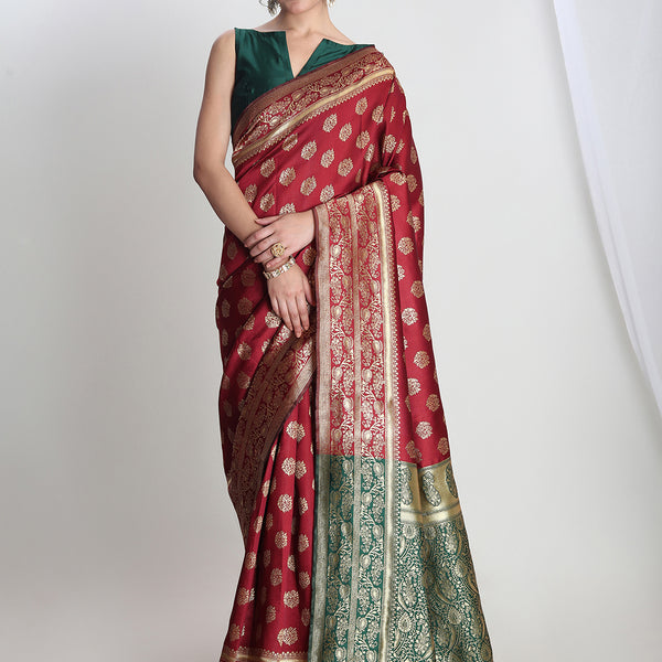 Janasya Maroon Silk Blend Floral Jacquard Saree