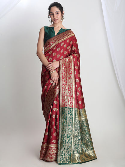 Janasya Maroon Silk Blend Floral Jacquard Saree - Distacart
