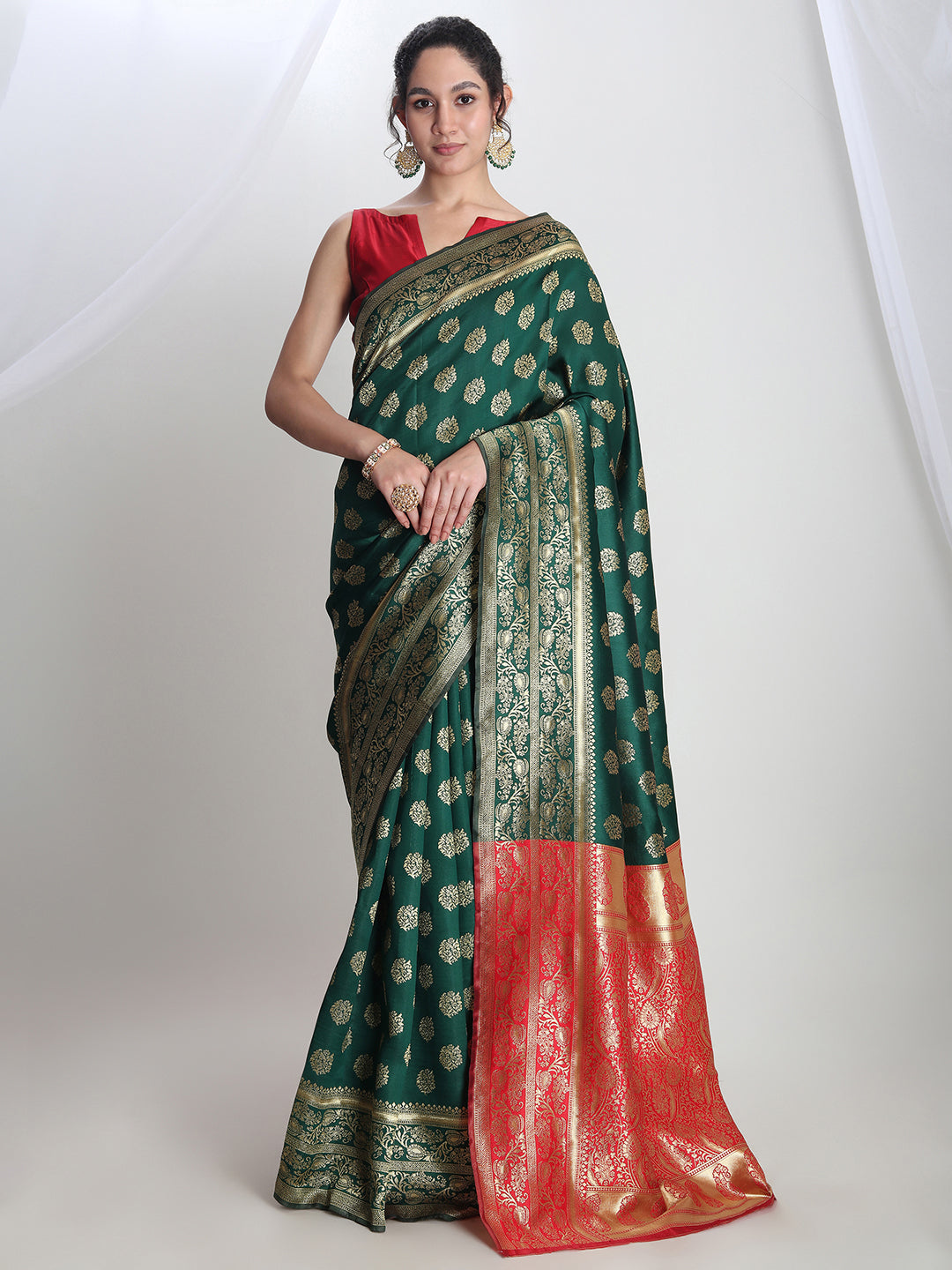 Janasya Green Silk Blend Floral Jacquard Saree