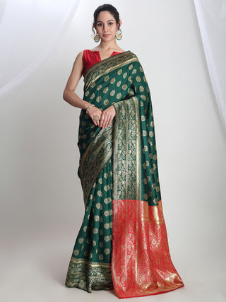 Janasya Green Silk Blend Floral Jacquard Saree
