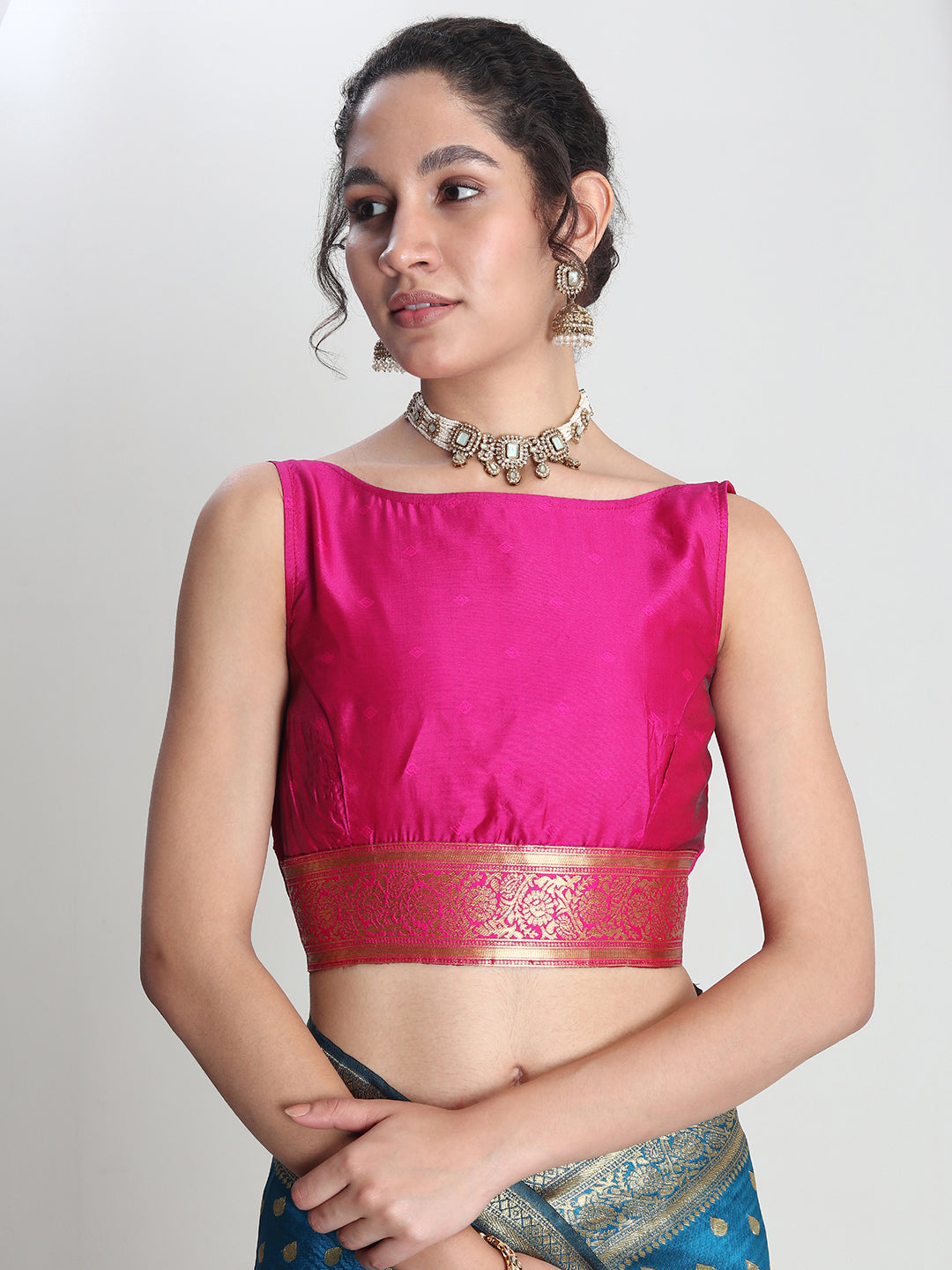 Janasya Teal Blue Silk Blend Ethnic Motifs Jacquard Saree