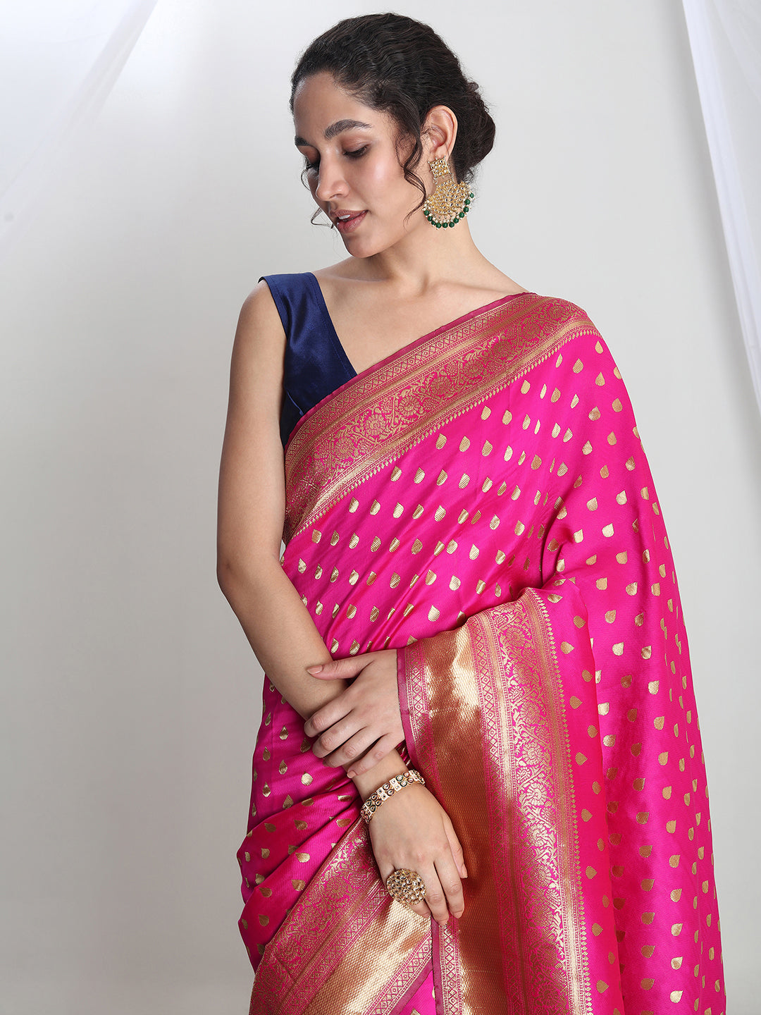Janasya Pink Silk Blend Ethnic Motifs Jacquard Saree