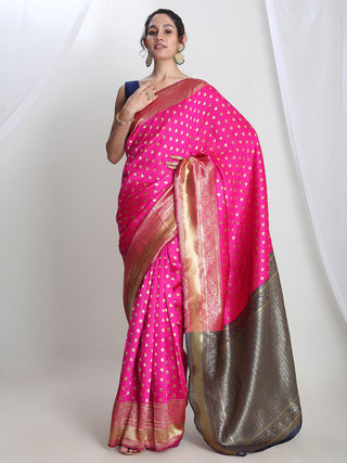 Janasya Pink Silk Blend Ethnic Motifs Jacquard Saree
