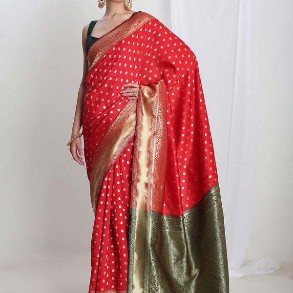 Janasya Red Silk Blend Ethnic Motifs Jacquard Saree