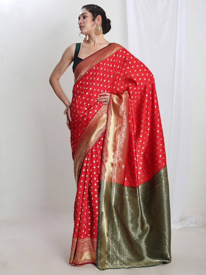 Janasya Red Silk Blend Ethnic Motifs Jacquard Saree - Distacart