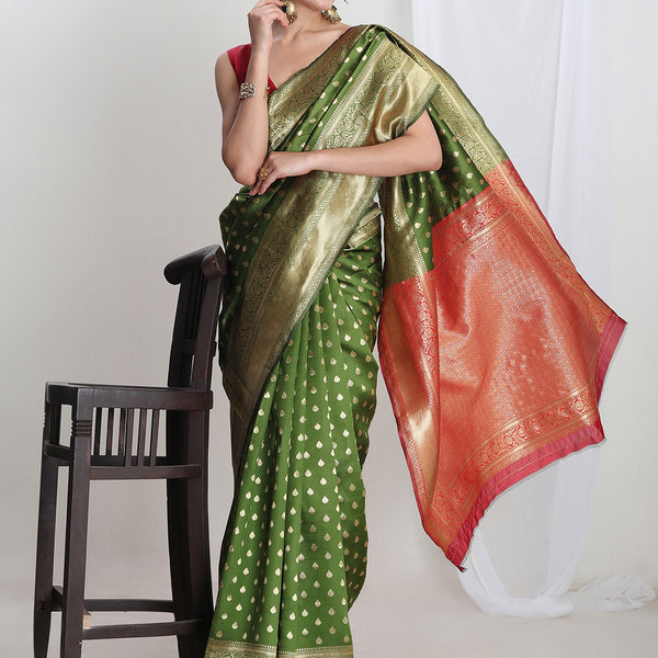 Janasya Green Silk Blend Ethnic Motifs Jacquard Saree