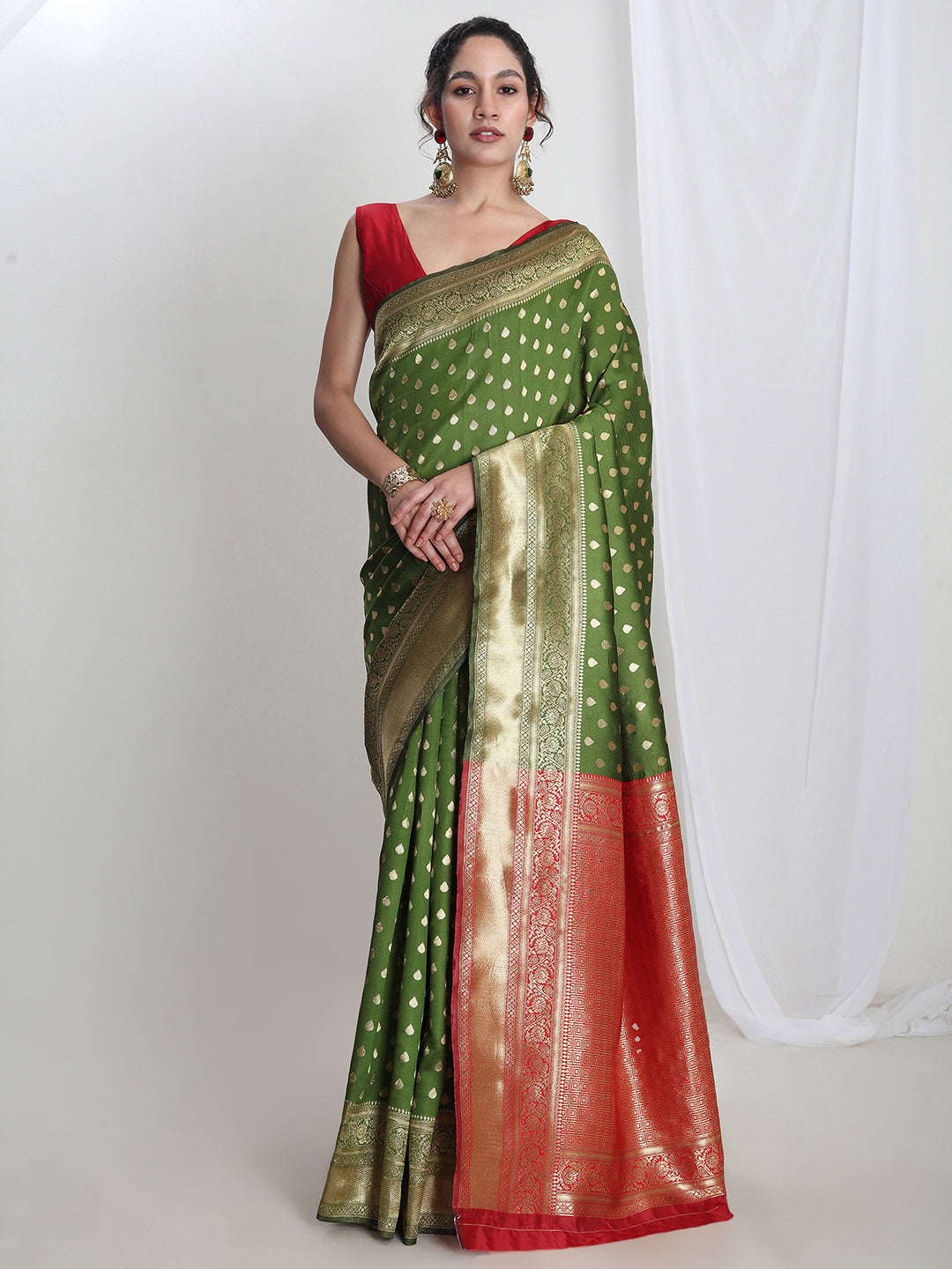 Janasya Green Silk Blend Ethnic Motifs Jacquard Saree