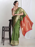 Thumbnail for Janasya Green Silk Blend Ethnic Motifs Jacquard Saree