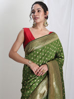 Thumbnail for Janasya Green Silk Blend Ethnic Motifs Jacquard Saree