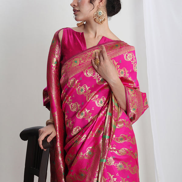 Janasya Pink Silk Blend Floral Jacquard Saree