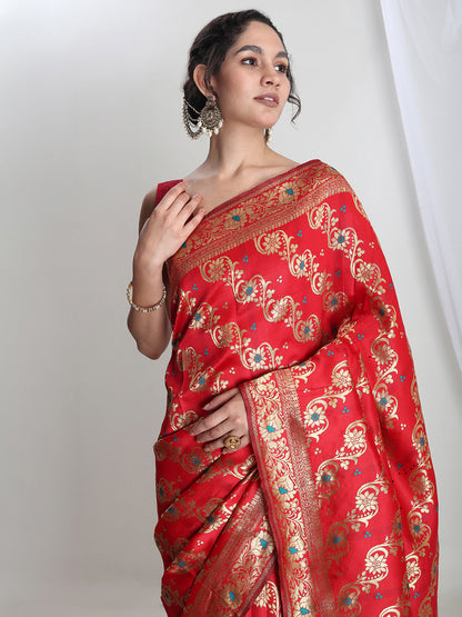 Janasya Red Silk Blend Floral Jacquard Saree - Distacart
