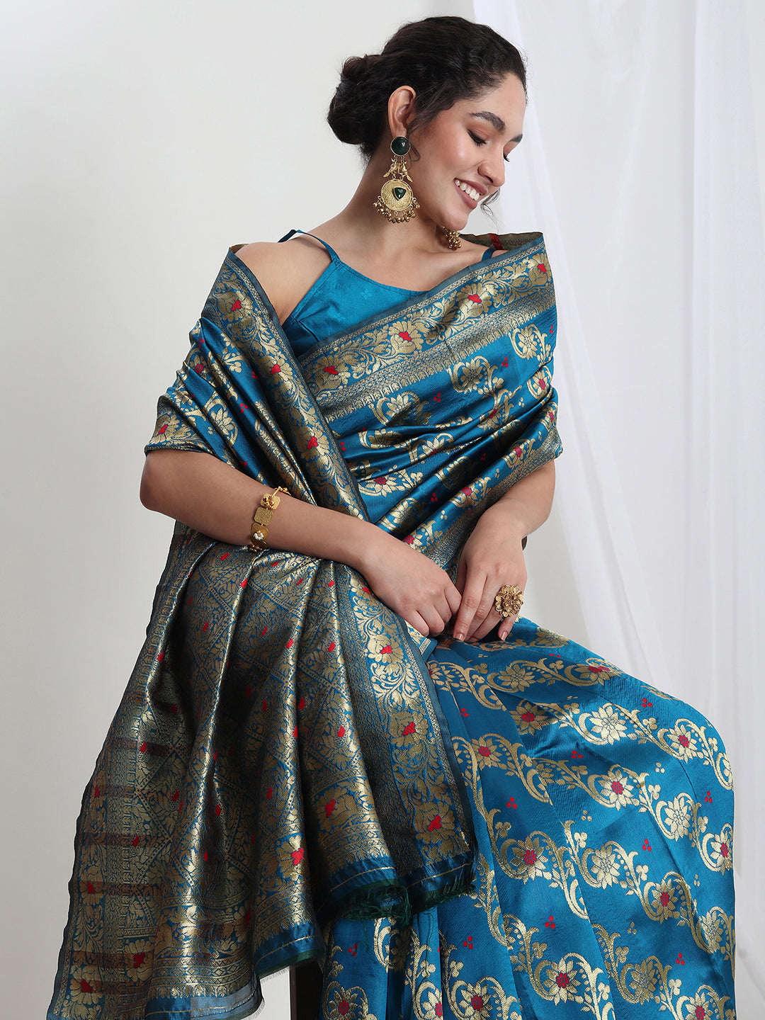 Janasya Teal Blue Silk Blend Floral Jacquard Saree