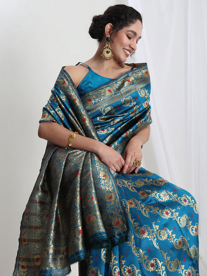 Janasya Teal Blue Silk Blend Floral Jacquard Saree - Distacart