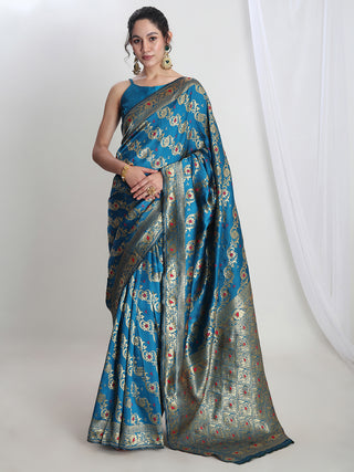 Janasya Teal Blue Silk Blend Floral Jacquard Saree