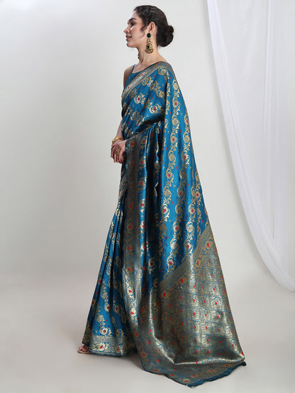 Janasya Teal Blue Silk Blend Floral Jacquard Saree - Distacart