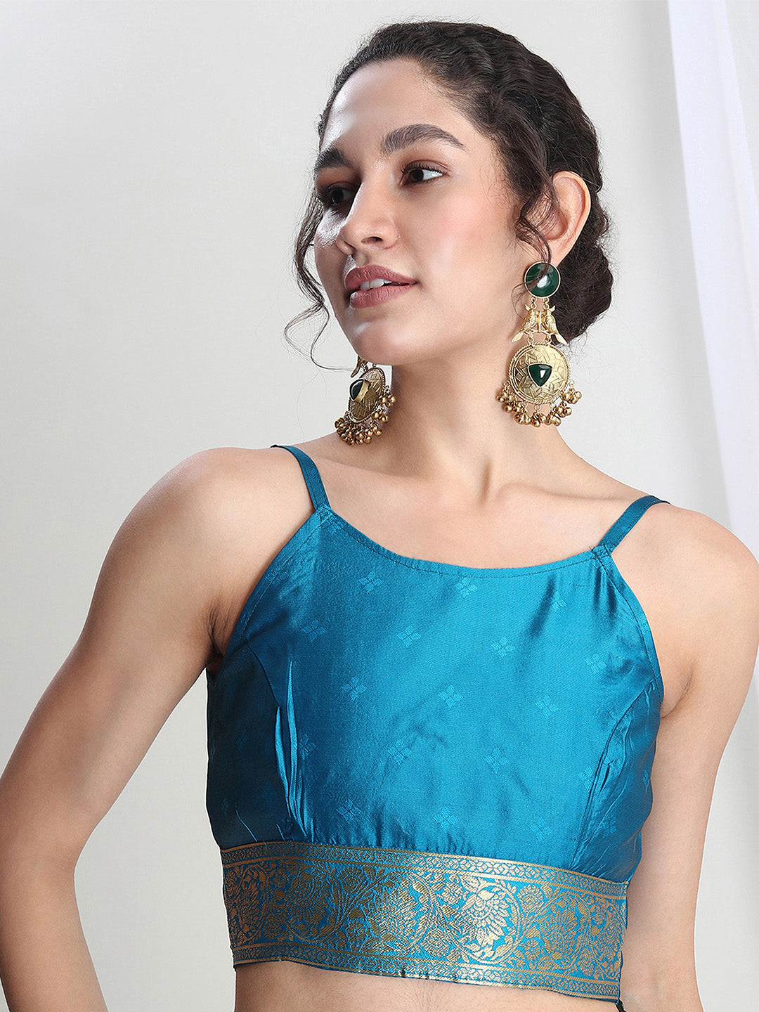 Janasya Teal Blue Silk Blend Floral Jacquard Saree