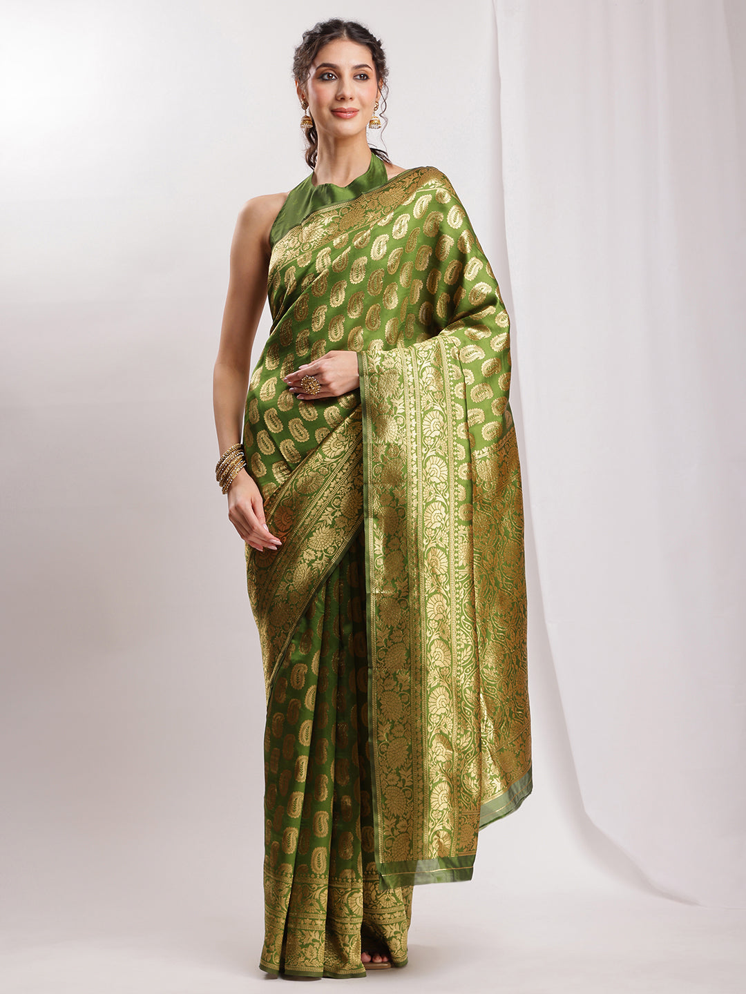 Janasya Green Silk Blend Paisley Jacquard Saree