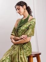 Thumbnail for Janasya Green Silk Blend Paisley Jacquard Saree