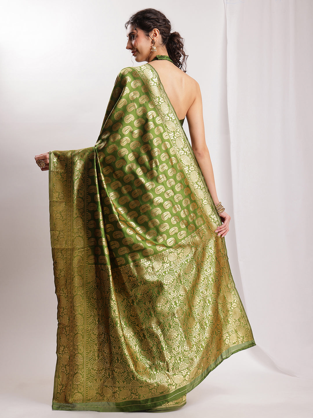 Janasya Green Silk Blend Paisley Jacquard Saree