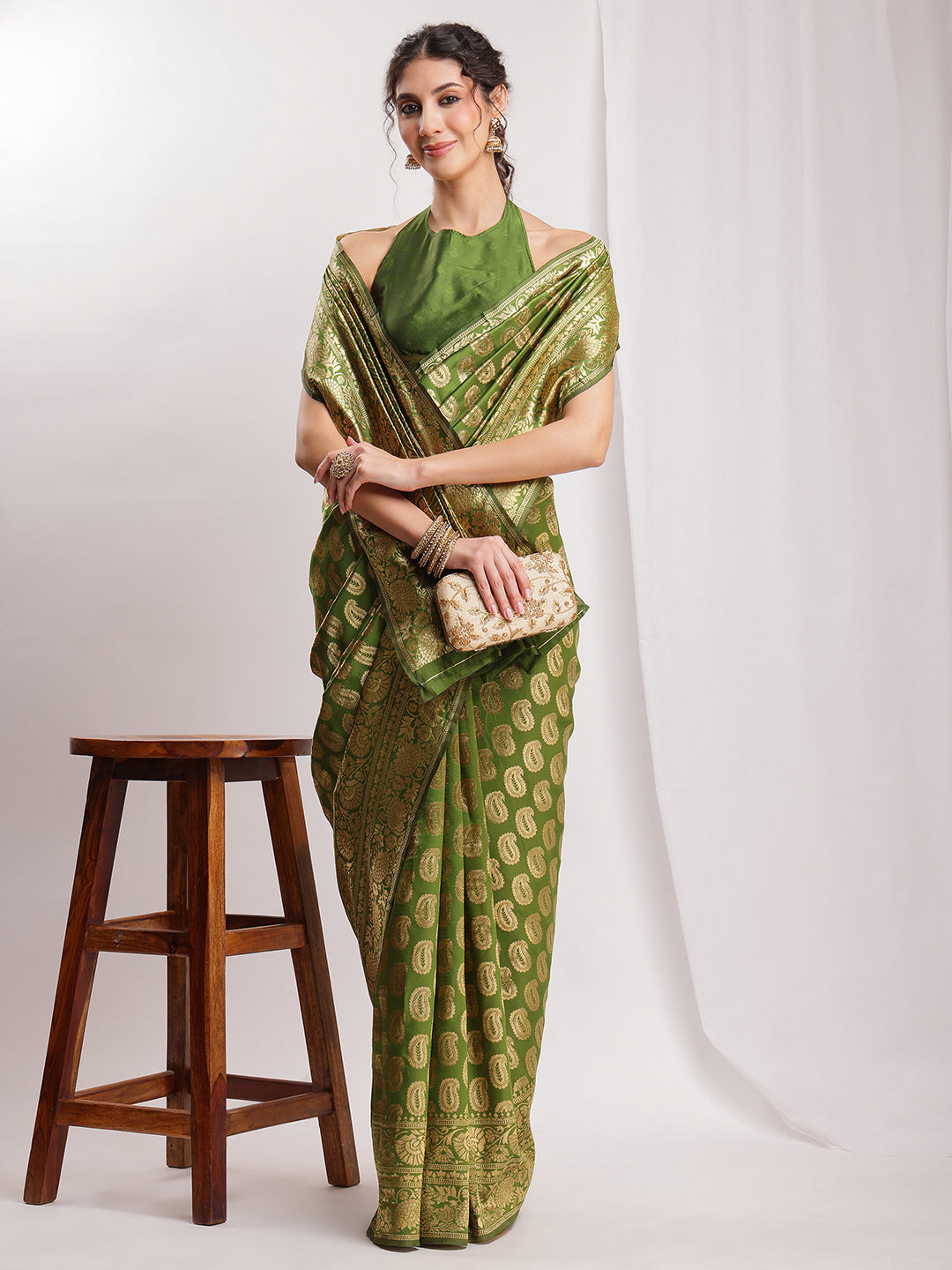 Janasya Green Silk Blend Paisley Jacquard Saree
