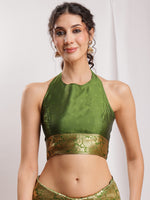 Thumbnail for Janasya Green Silk Blend Paisley Jacquard Saree