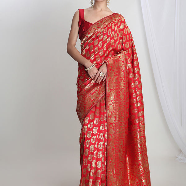 Janasya Red Silk Blend Paisley Jacquard Saree