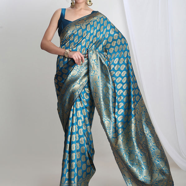 Janasya Blue Silk Blend Paisley Jacquard Saree