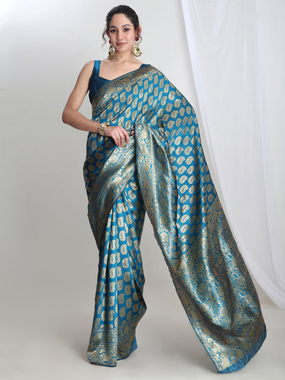 Janasya Blue Silk Blend Paisley Jacquard Saree - Distacart
