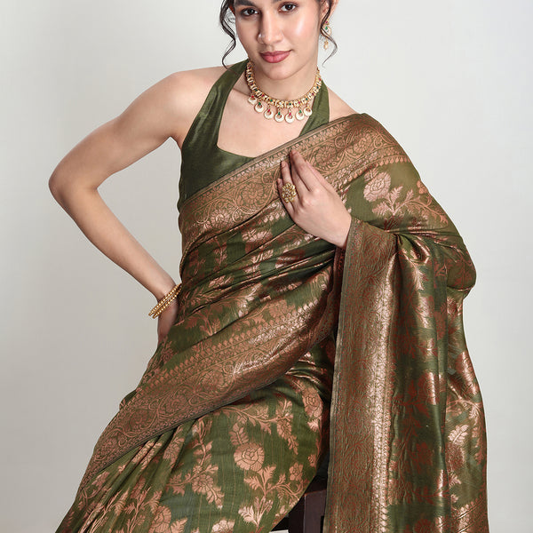 Janasya Green Silk Blend Floral Jacquard Saree - Distacart