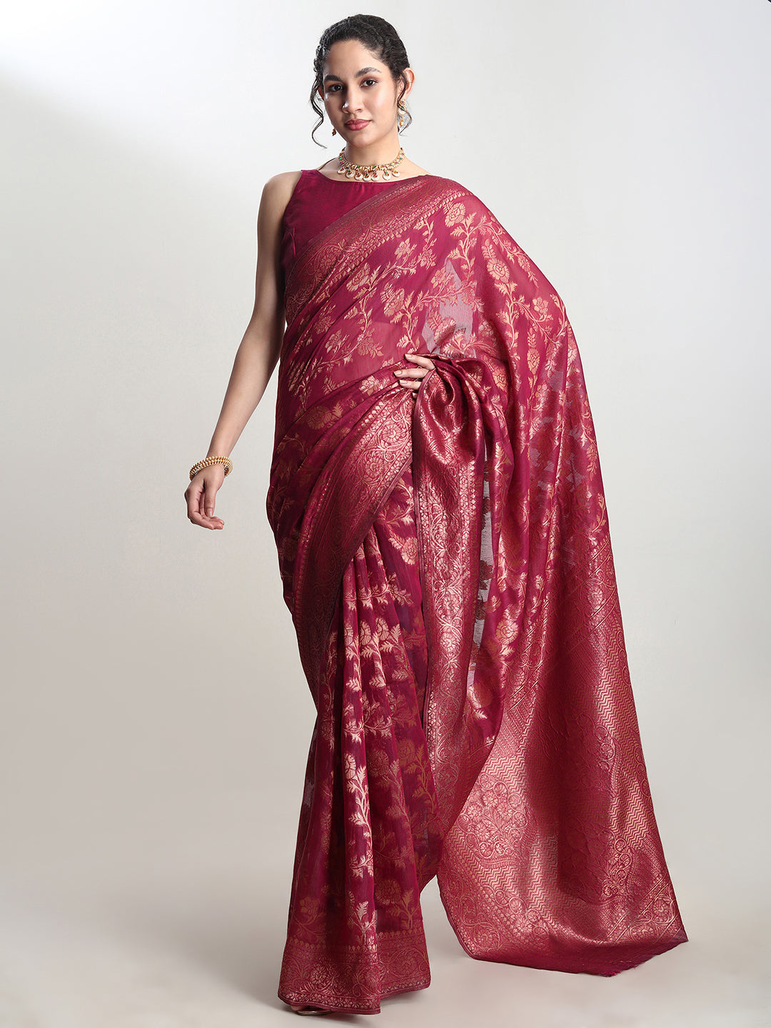Janasya Magenta Silk Blend Floral Jacquard Saree