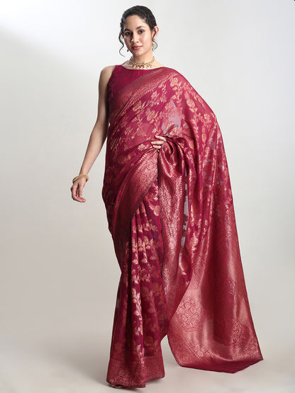 Janasya Magenta Silk Blend Floral Jacquard Saree - Distacart