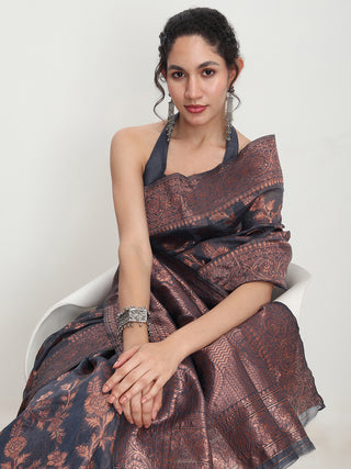 Janasya Grey Silk Blend Floral Jacquard Saree