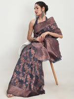 Thumbnail for Janasya Grey Silk Blend Floral Jacquard Saree