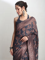 Thumbnail for Janasya Grey Silk Blend Floral Jacquard Saree