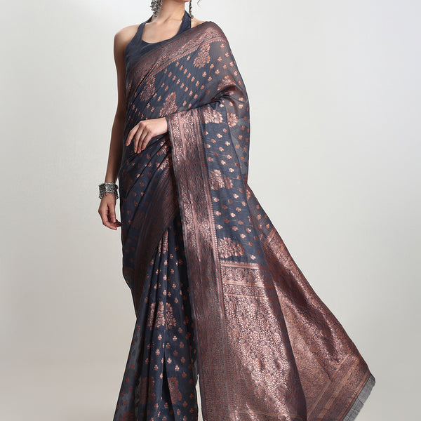 Janasya Grey Silk Blend Floral Jacquard Saree