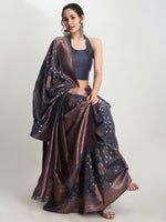 Thumbnail for Janasya Grey Silk Blend Floral Jacquard Saree
