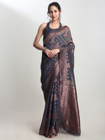 Thumbnail for Janasya Grey Silk Blend Floral Jacquard Saree