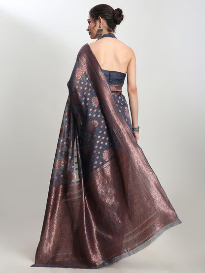 Janasya Grey Silk Blend Floral Jacquard Saree - Distacart