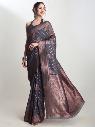 Janasya Grey Silk Blend Floral Jacquard Saree