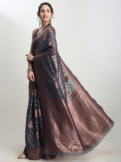 Janasya Grey Silk Blend Floral Jacquard Saree - Distacart