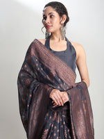 Thumbnail for Janasya Grey Silk Blend Floral Jacquard Saree